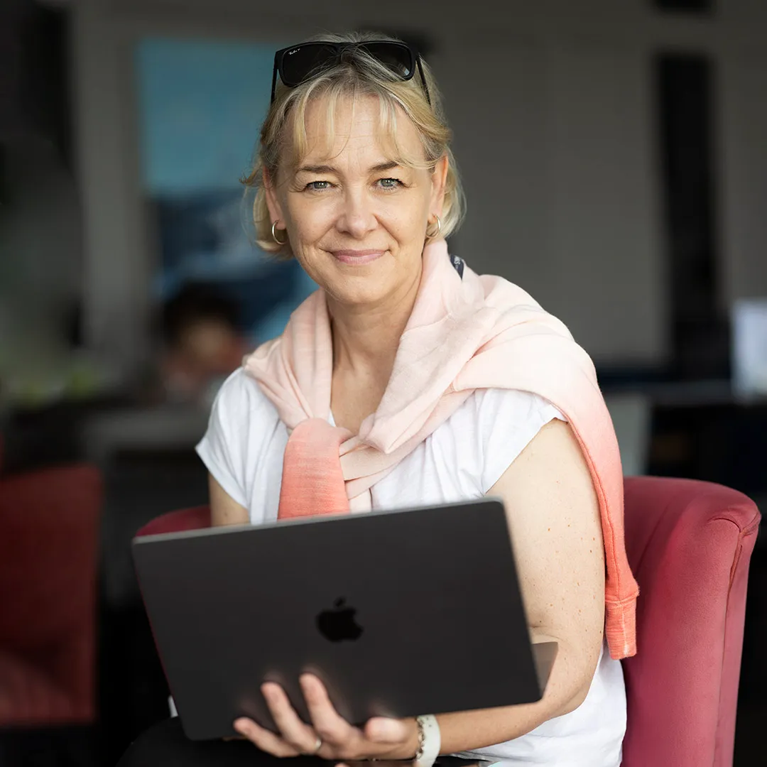 Karen Bengall with her laptop